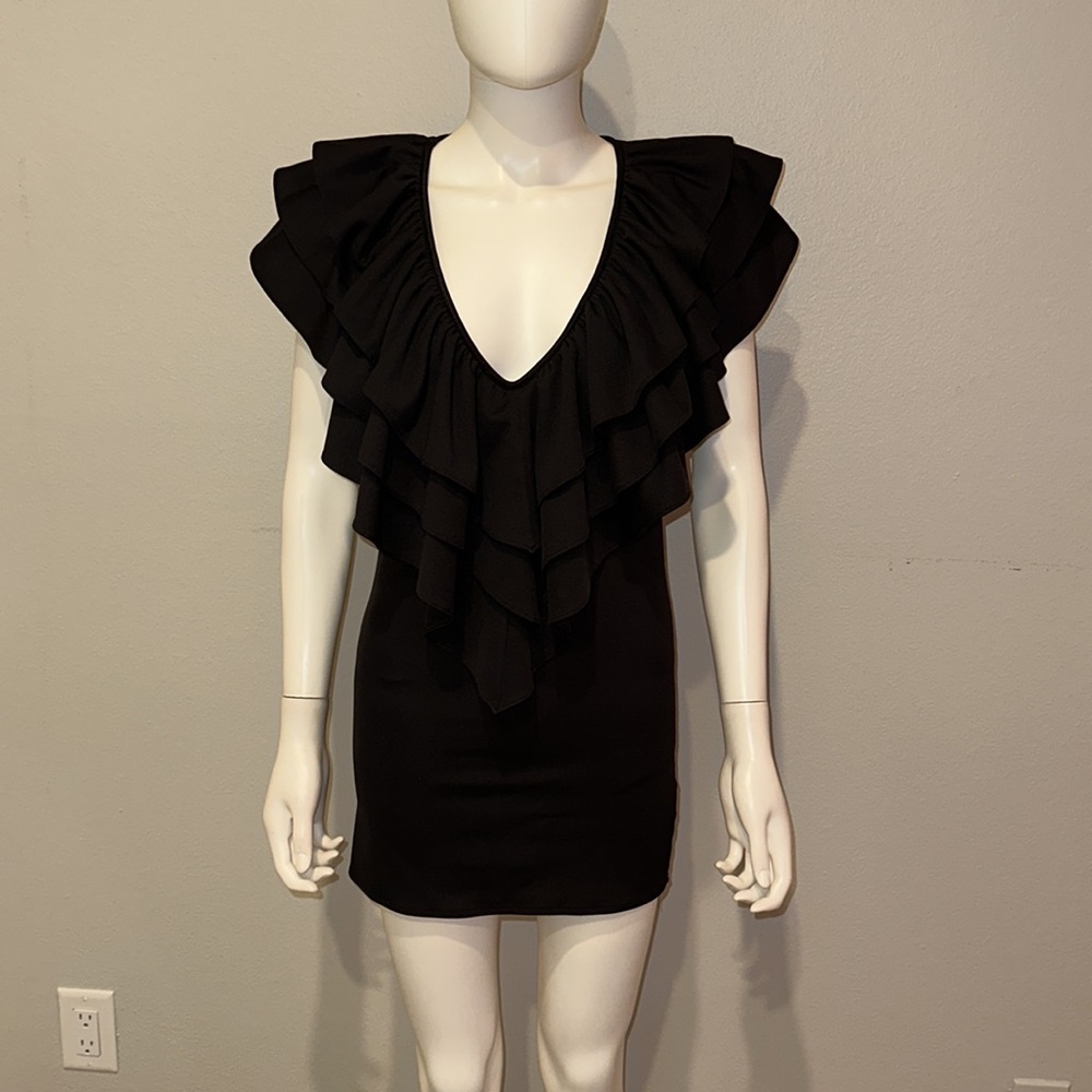 JULIA CLANCEY *Victory* black rayon knit ruffle dramatic bodycon mini dress 2 XS